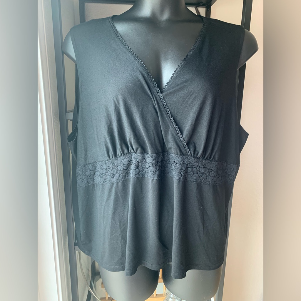 Black Sleeveless Lace Trim Faux Wrap-Front Top Shirt Tank